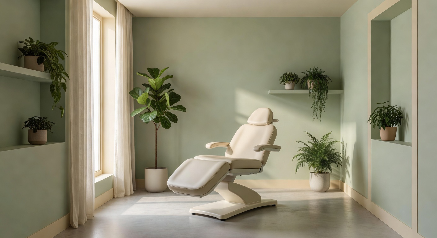 Warm eingerichteter Behandlungsraum mit Sage-grünen Akzenten