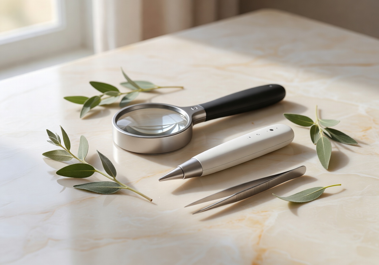 Professionelle Hautdiagnose-Werkzeuge mit Sage-Akzenten