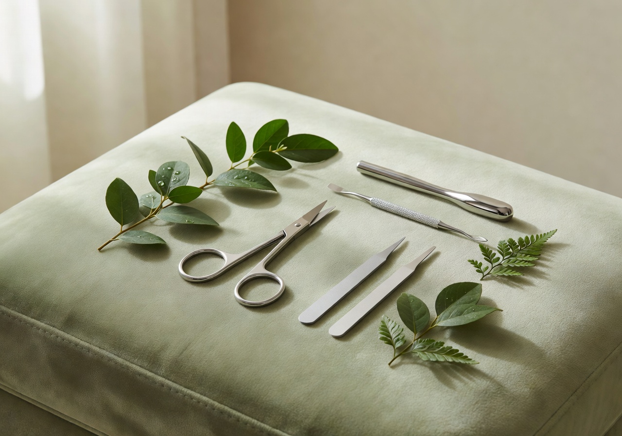 Spa-Pediküre und Maniküre-Werkzeuge auf Sage-Samt