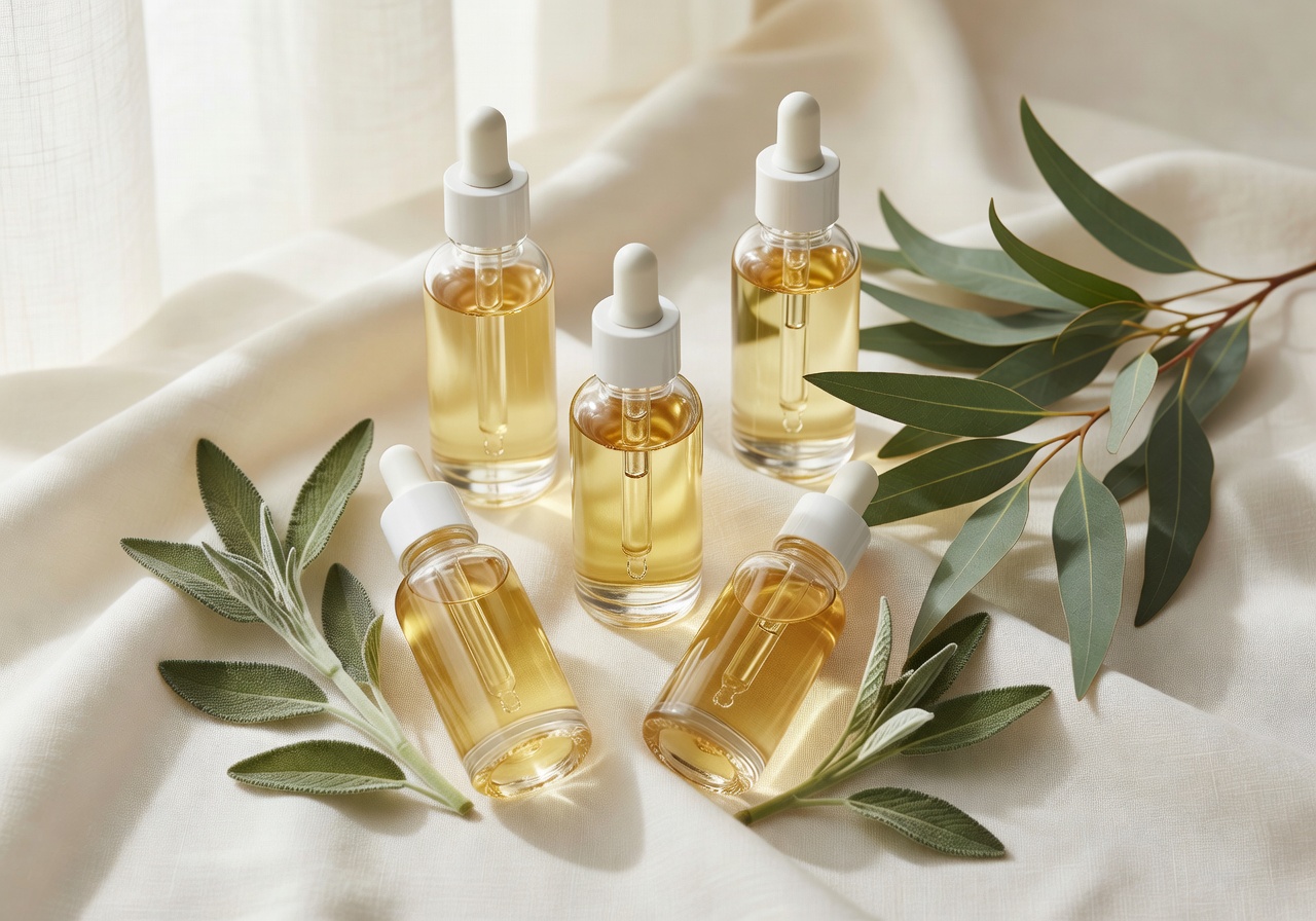 Premium-Skincare-Serum-Flaschen auf cremefarbenem Leinen mit Salbei