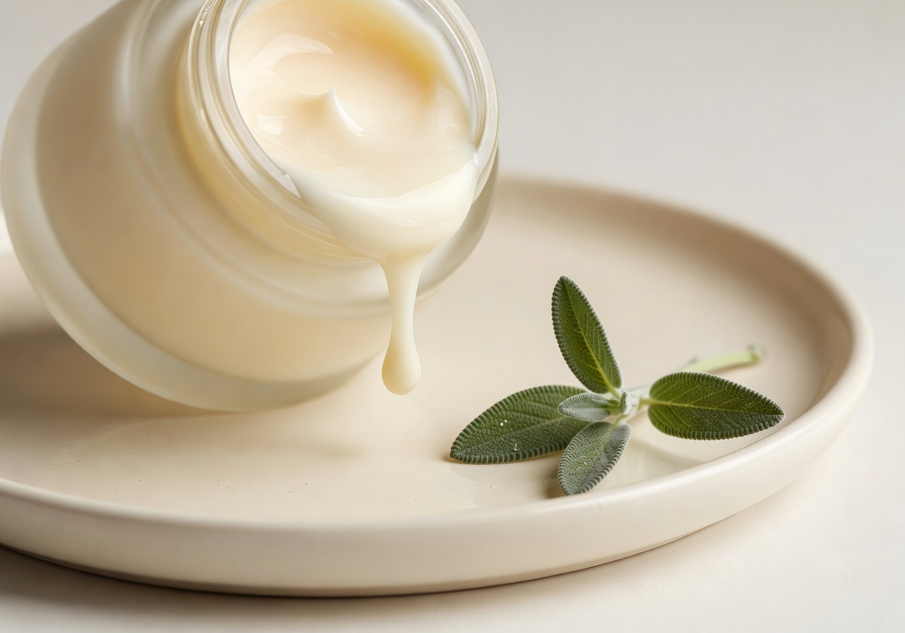 Hautpflege-Jar mit Creme-Serum auf Keramik mit Salbeisprössling